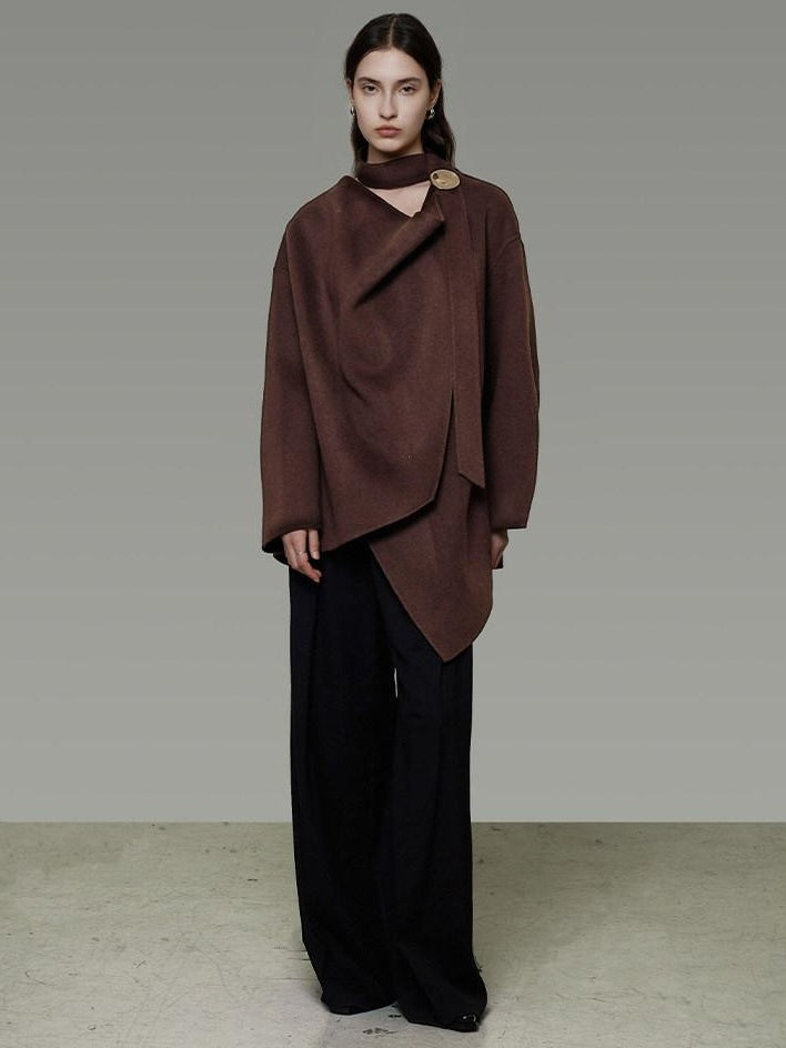 unspoken Pure Sheep Wool Lapel Collar Loose Fit 3D Cut Office Coffee Wool Coats