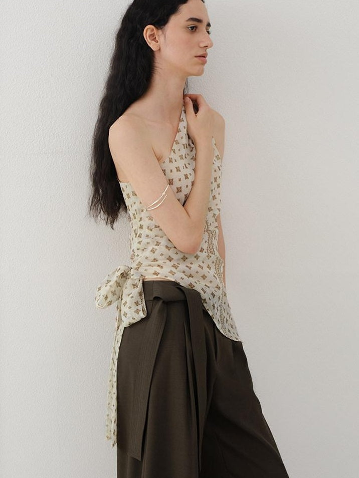 someonesometimes Ruched Asymmetrical Tie One Shoulder Workwear Floral Polyester Beige Tube Tops