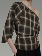 unspoken Breathable Viscose Slim Asymmetric Slant Neck Green Plaid Off Shoulder Crop Tops