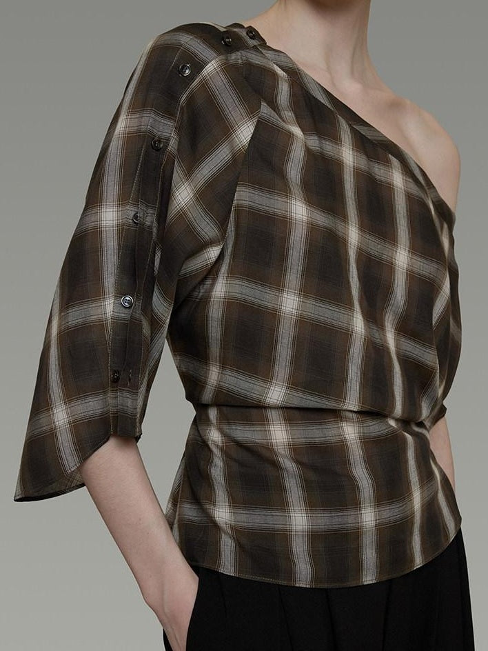 unspoken Breathable Viscose Slim Asymmetric Slant Neck Green Plaid Off Shoulder Crop Tops