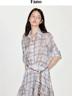 fano Plaid Korean Workwear A Line Natural Waist Mid Sleeve Khaki Midi Dresses