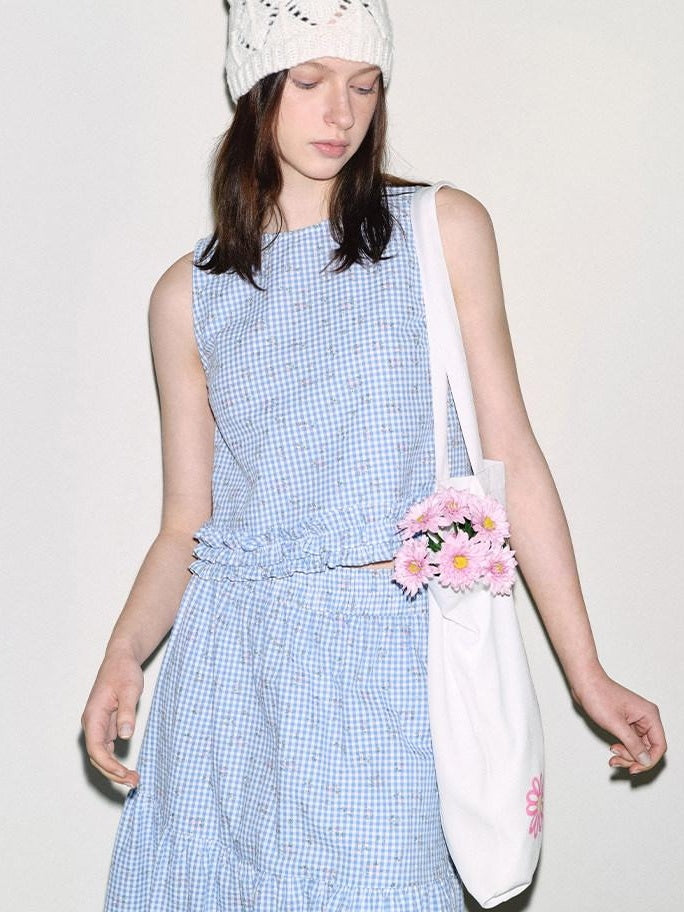 fano 100 Percent Cotton Floral Gingham Ruffle Straight Fit Off Shoulder Crop Tops