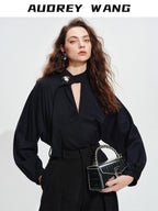 audreyyang Shape Retaining Loose Long Lantern Sleeve Pullover Navy Polyester Women Blouses