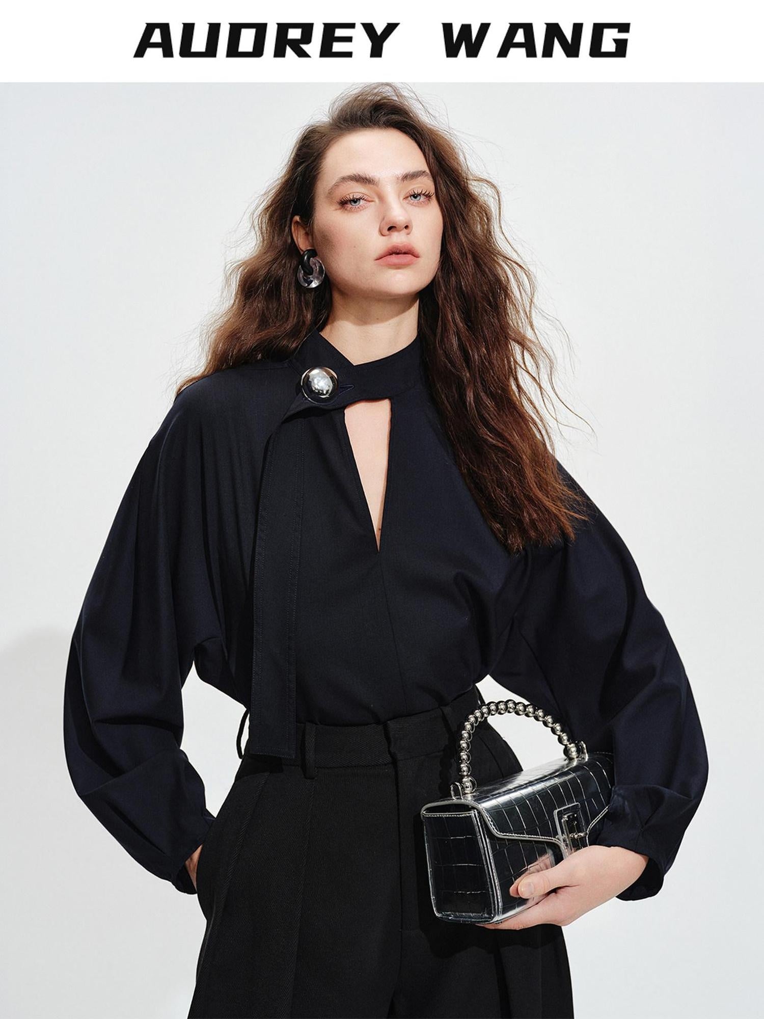audreyyang Shape Retaining Loose Long Lantern Sleeve Pullover Navy Polyester Women Blouses