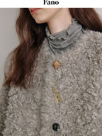 fano Faux Fur Straight Cut Minimal Workwear Women Gray Khaki Short Coat