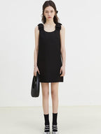 fano Minimal Bow High Waist A Line Sleeveless Round Neck Workwear Black Midi Dresses