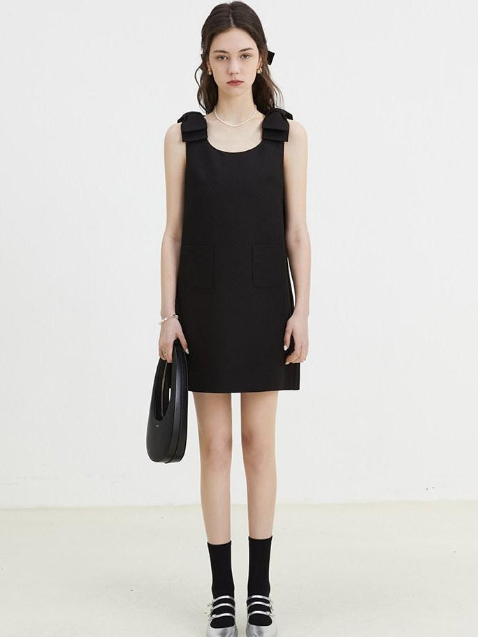 fano Minimal Bow High Waist A Line Sleeveless Round Neck Workwear Black Midi Dresses