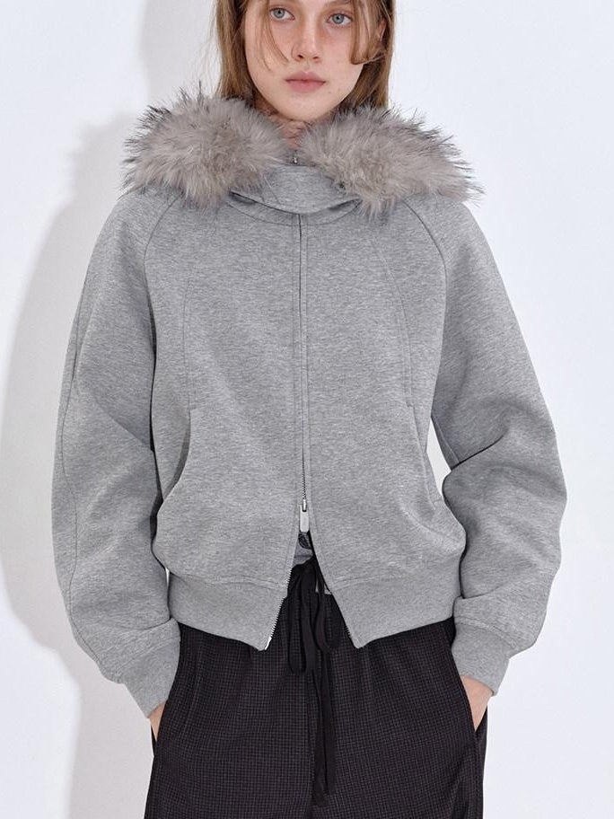 fano Detachable Zip Windproof Short Loose Casual Women Apple Shape Heather Gray Hoodie