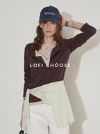 Lofi choose Cotton Blend Button Collar Loose Commuter Womens Purple Long Sleeve T-Shirts