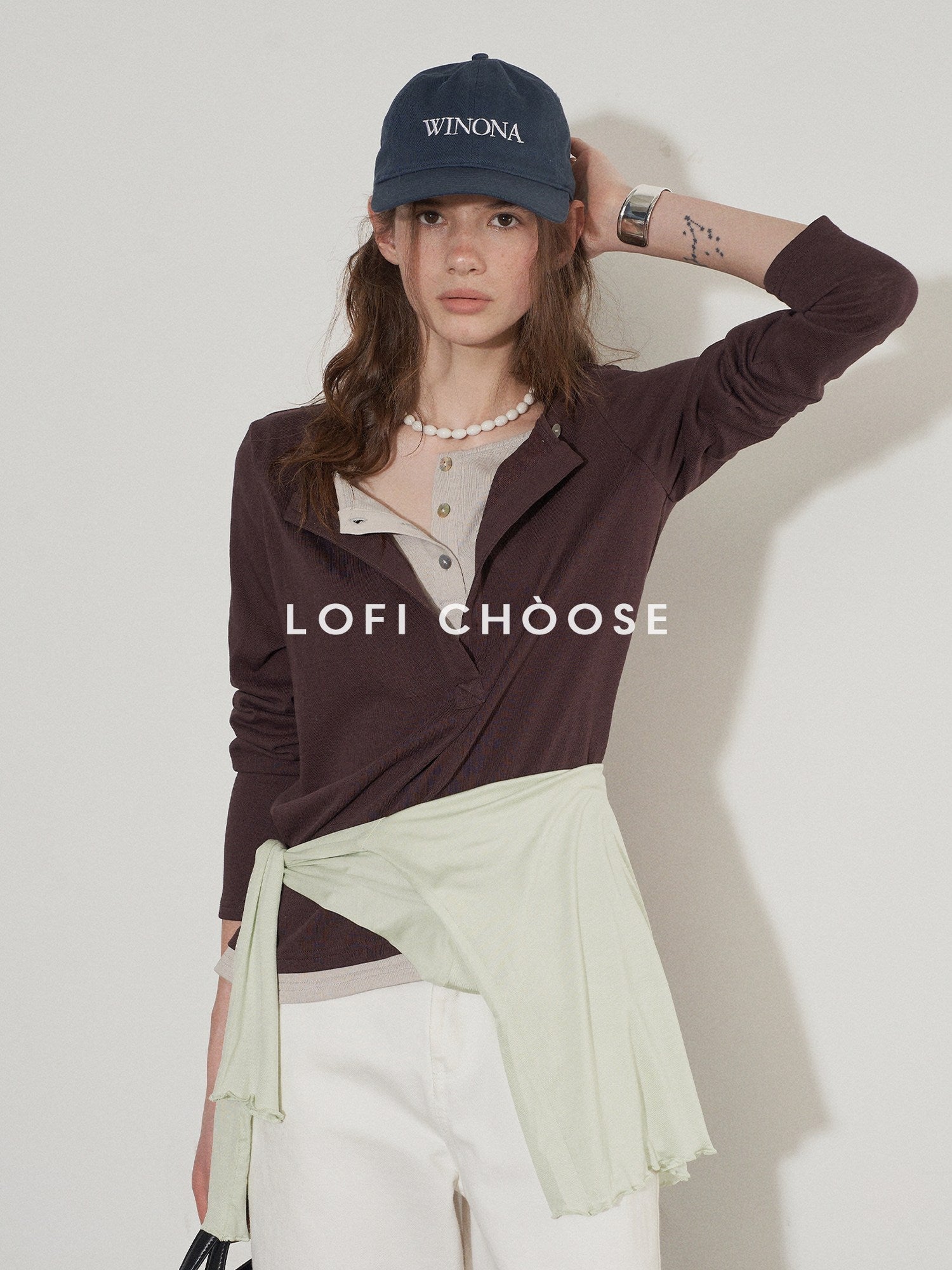 Lofi choose Cotton Blend Button Collar Loose Commuter Womens Purple Long Sleeve T-Shirts