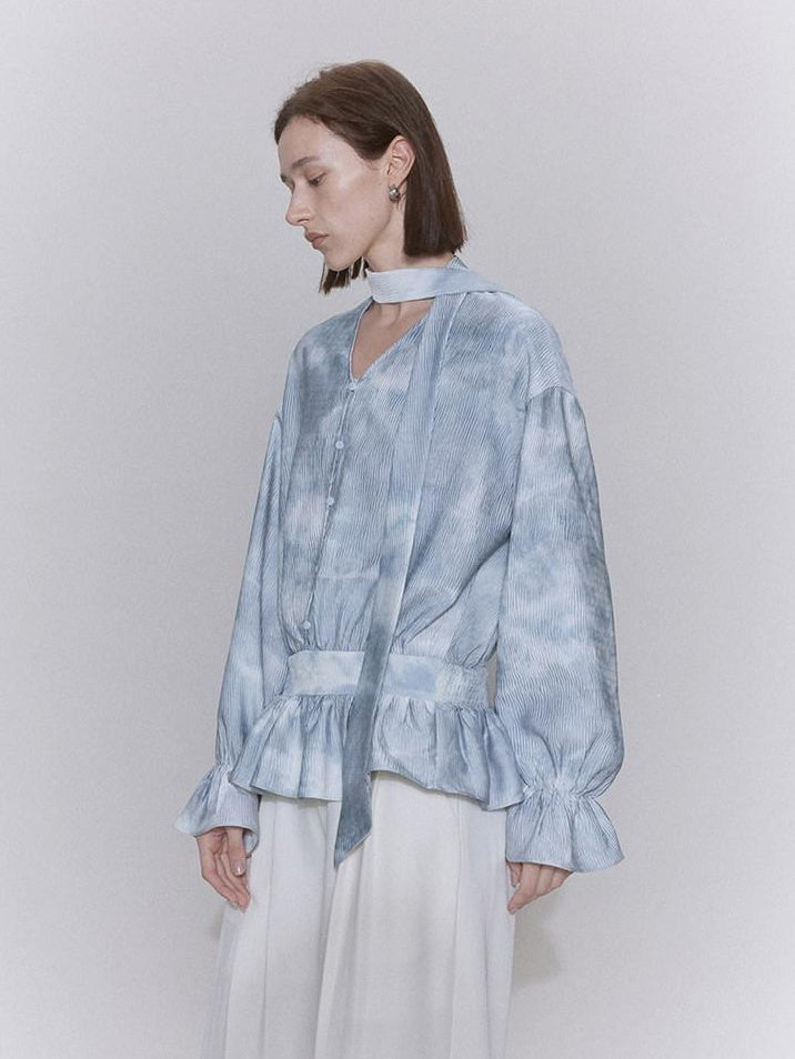 someone sometimes Glacier Blue Polyester V-neck Long Bell Sleeve Loose Fit Office Work Blouses