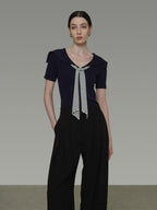 unspoken Soft Viscose Knit Slim Fit Colorblock Tie Women Office Short Sleeve T-Shirts