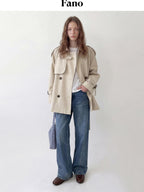 fano Double Breasted Button Front Minimal Commuter Straight Women Khaki Short Coat