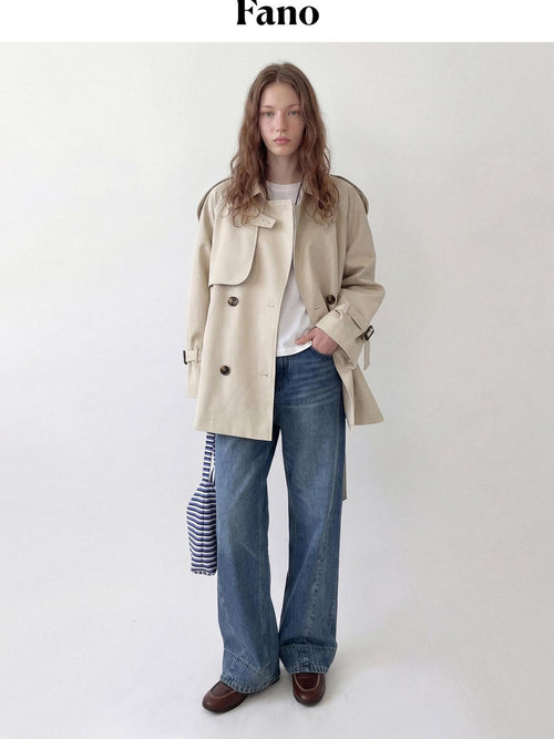 fano Double Breasted Button Front Minimal Commuter Straight Women Khaki Short Coat