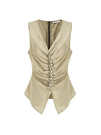 unspoken Ruched Soft Viscose Loose Workwear Women Khaki Solid Off Shoulder Crop Tops