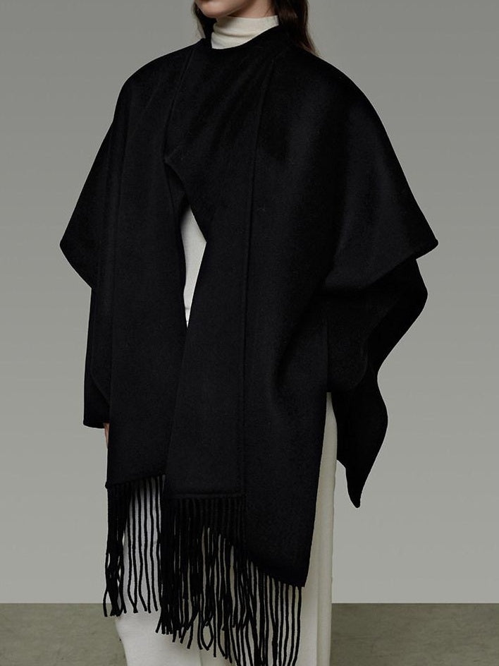 unspoken Pure Sheepswool Fringed Cape Commuter Women Structured Black Wool Coats