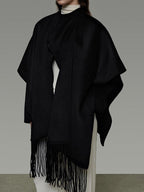 unspoken Pure Sheepswool Fringed Cape Commuter Women Structured Black Wool Coats