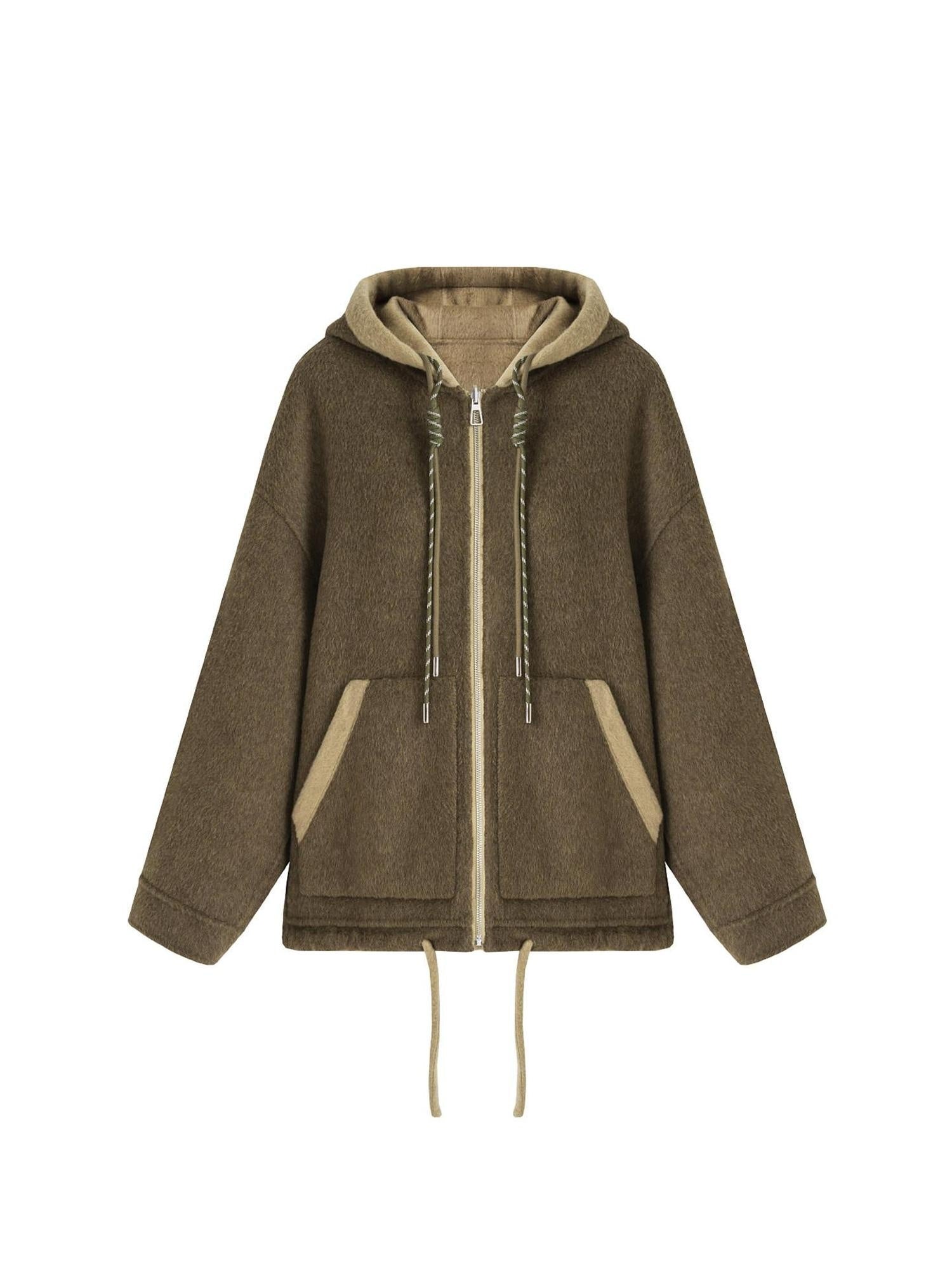 unspoken Premium Sheepswool Minimal Commuter Loose Fit Hooded Zip For Women Wool Coats
