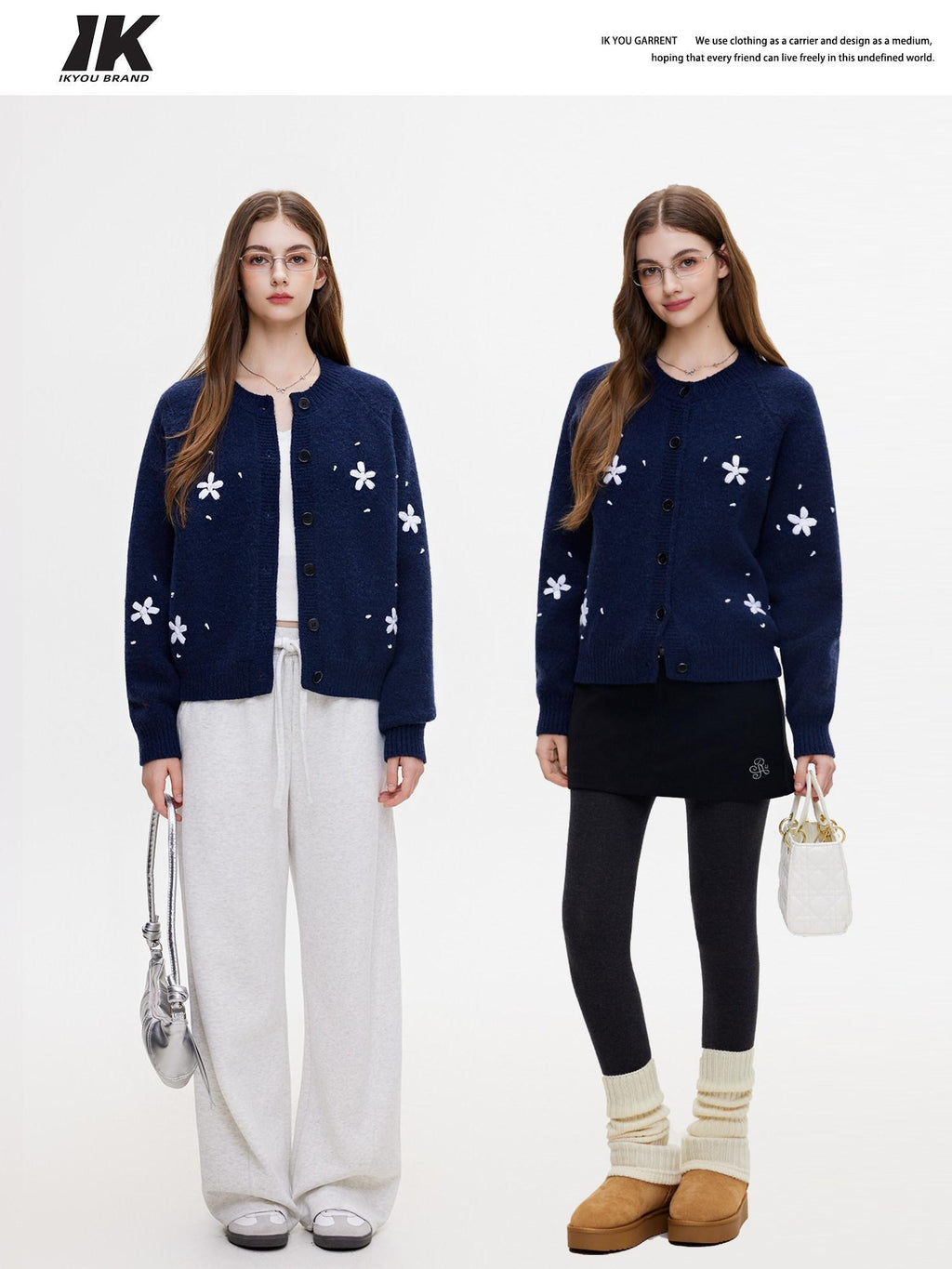 ikyou Cozy Thermal Knit Loose Fit Button Front Sweet Style Navy Women Cardigans