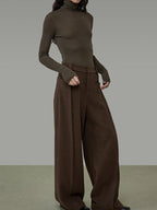 unspoken High Waist Pocketed Minimalist Office Brown Polyester Blend Wide Leg Pants