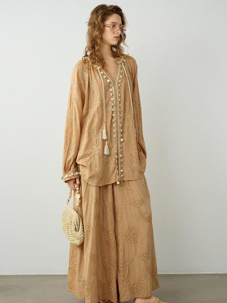 audreyyang Breathable Pure Cotton Floral Natural Waist Relaxed Women Khaki Wide Leg Pants