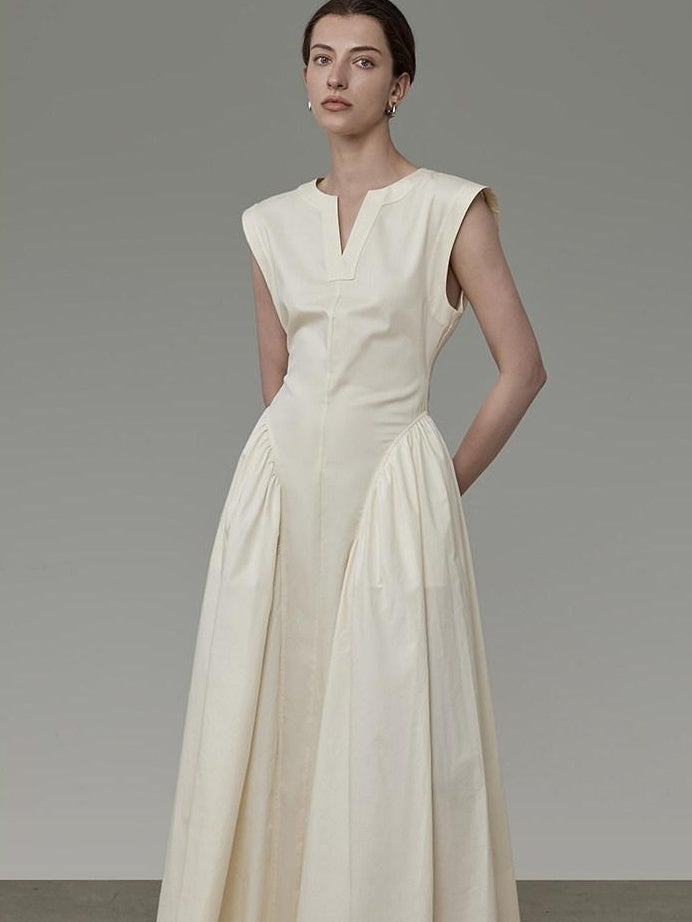 unspoken High Waist Colorblock V-neck Sleeveless Workwear A Line Cotton Maxi Dresses