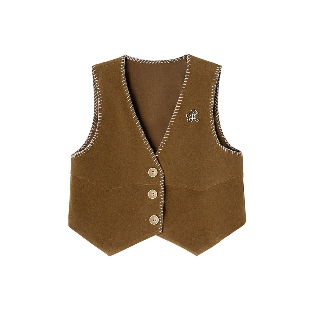 ikyou_Versatile_Cropped_V-neck_Distressed_3D_Short_Button_Women_Brown_Vests_MISSTT