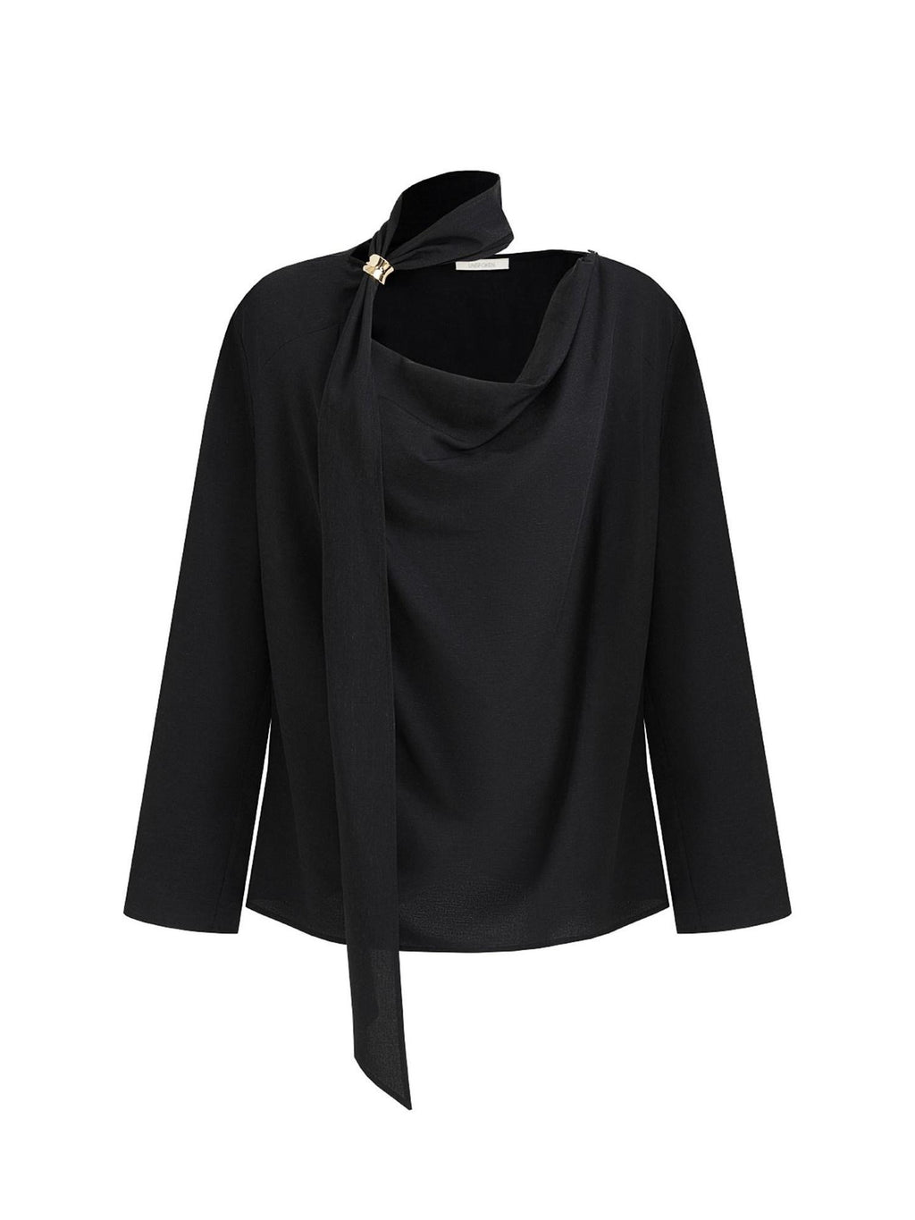 unspoken Breathable Minimalist Loose Fit Ribbon V-neck Office Women Solid Black Blouses