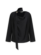 unspoken Breathable Minimalist Loose Fit Ribbon V-neck Office Women Solid Black Blouses