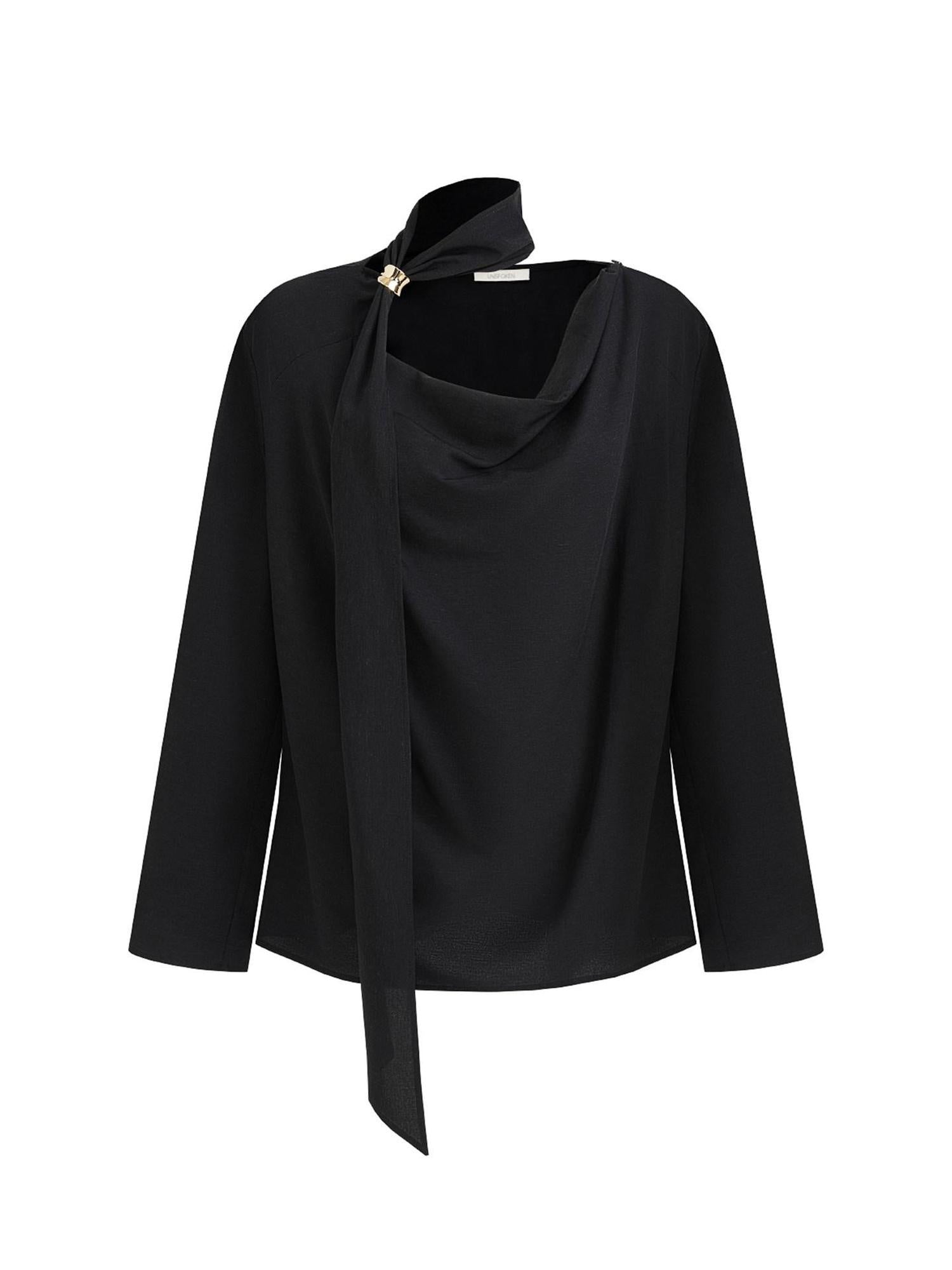 unspoken Breathable Minimalist Loose Fit Ribbon V-neck Office Women Solid Black Blouses
