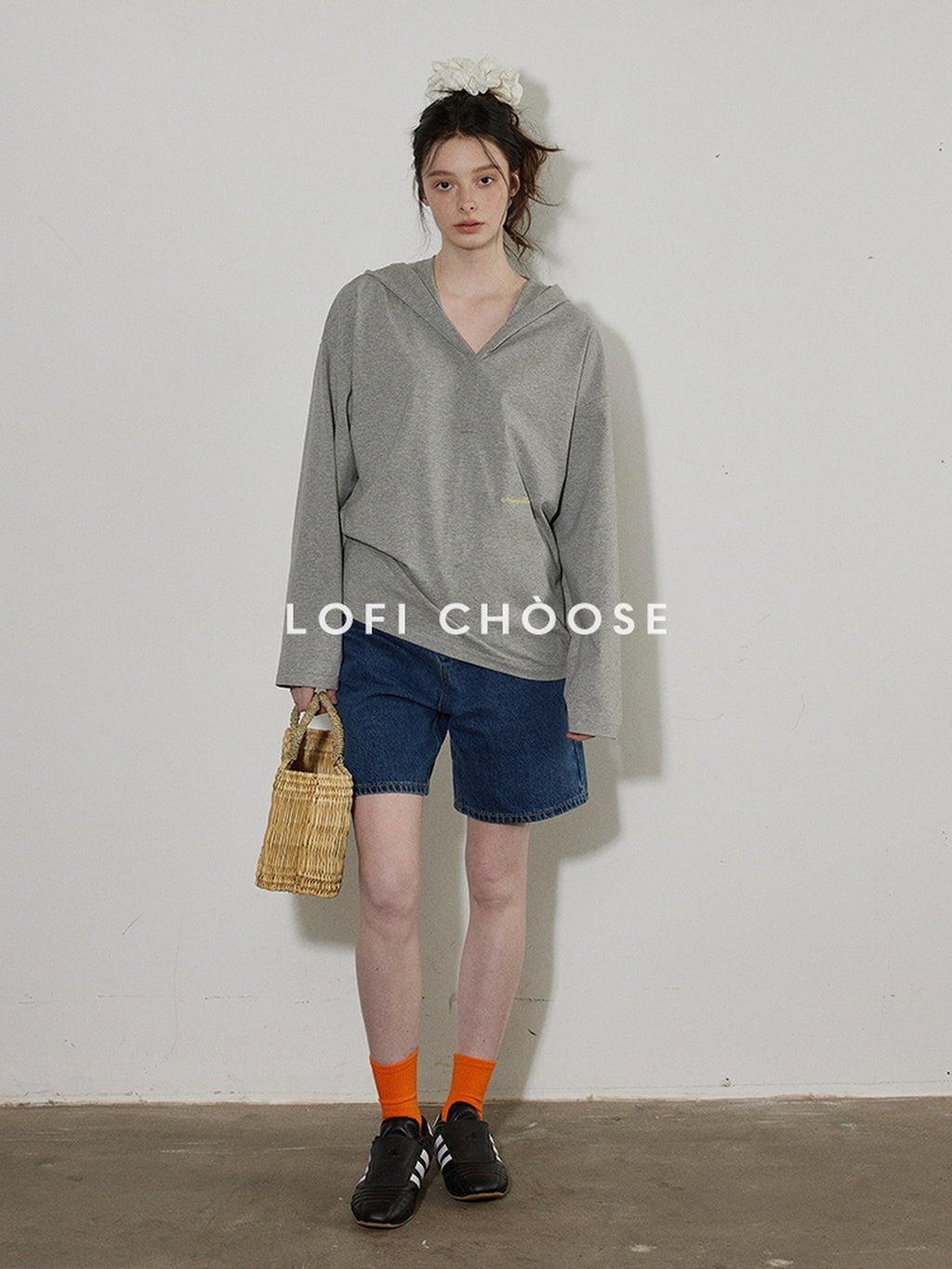 Lofi choose Cozy Loose Fit V-neck Hooded Commuter Style Women Green Gray Hoodie