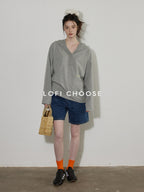 Lofi choose Cozy Loose Fit V-neck Hooded Commuter Style Women Green Gray Hoodie