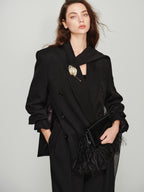 audreyyang Elegant Loose Fit Sash Double Breasted Notch Lapel Black Polyester Blazers