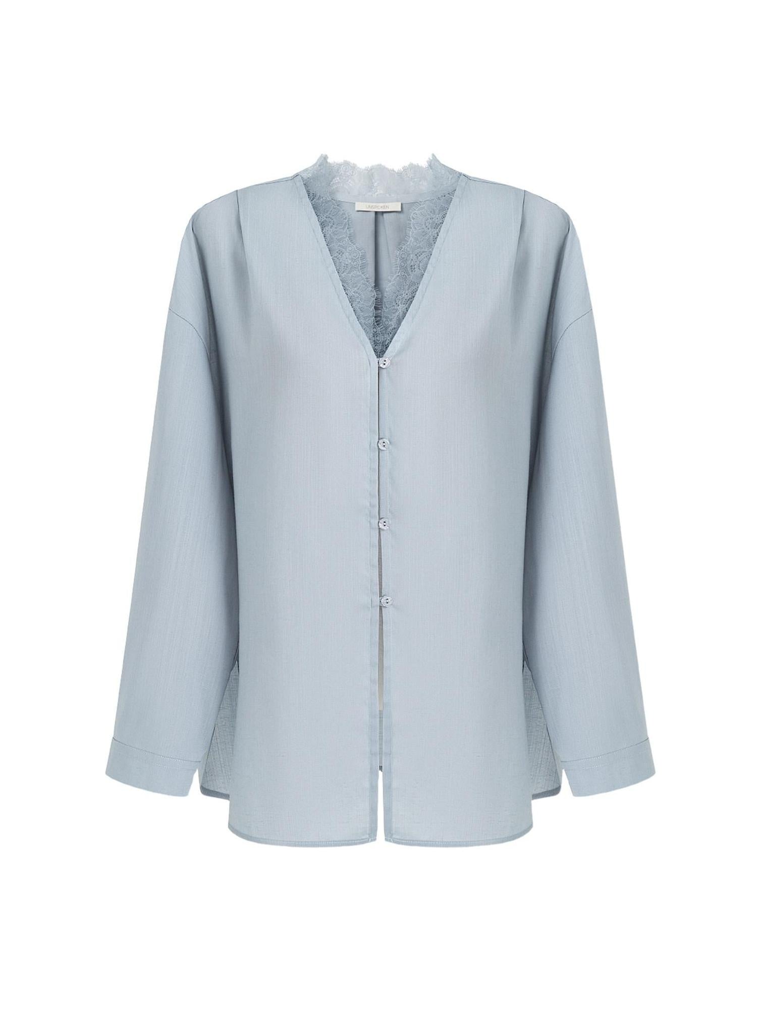 unspoken Breathable Lace V-neck Loose Fit Office Women Button Long Sleeve Blouses