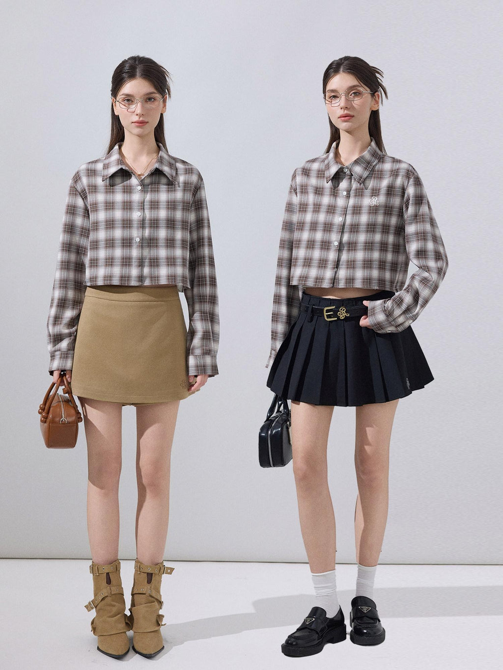 ikyou Embroidered Plaid Crop Slim Fit Collared Long Sleeve Casual Women Brown Shirts