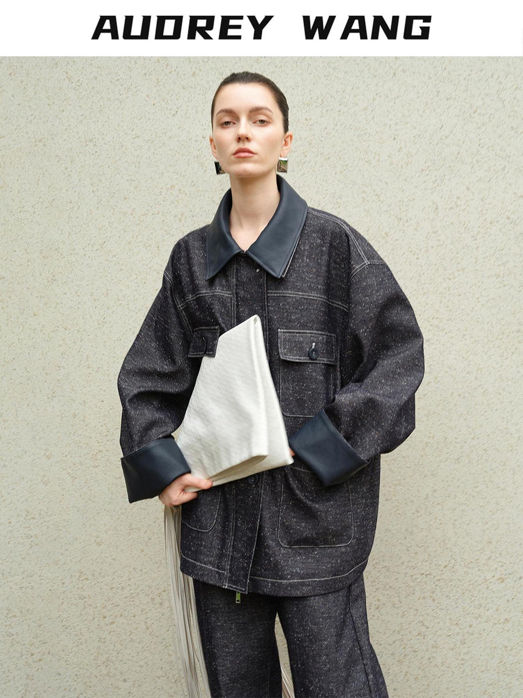 audreyyang Original Design Loose Patchwork Topstitch Cotton Blend Women Denim Jackets
