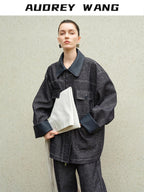 audreyyang Original Design Loose Patchwork Topstitch Cotton Blend Women Denim Jackets