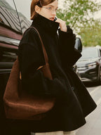 fano Double Breasted Stand Collar Commuter Loose Fit Women Black Pocket Wool Coats