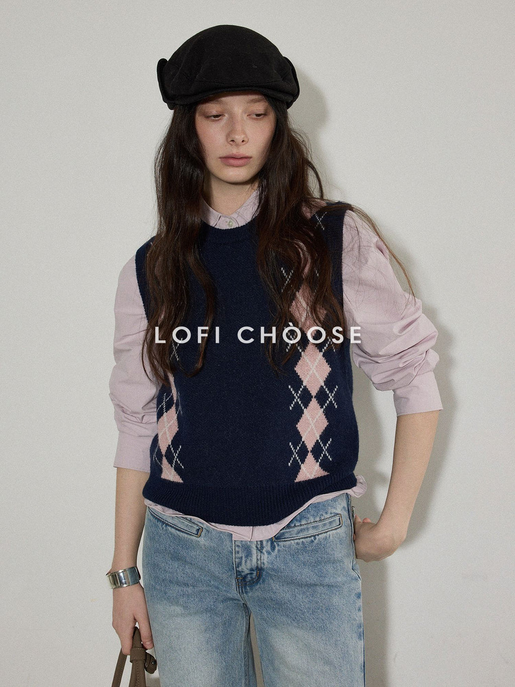 Lofi choose Cozy Colorblock Argyle Loose Fit Commuter Round Neck Women Navy Sweaters