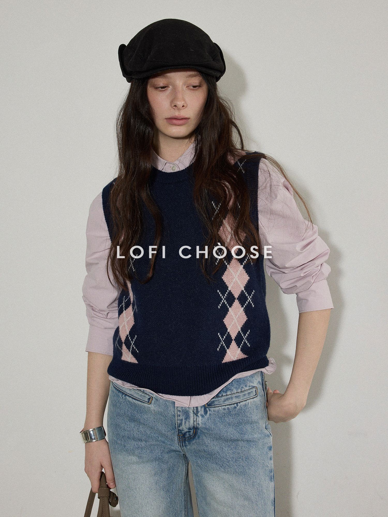 Lofi choose Cozy Colorblock Argyle Loose Fit Commuter Round Neck Women Navy Sweaters