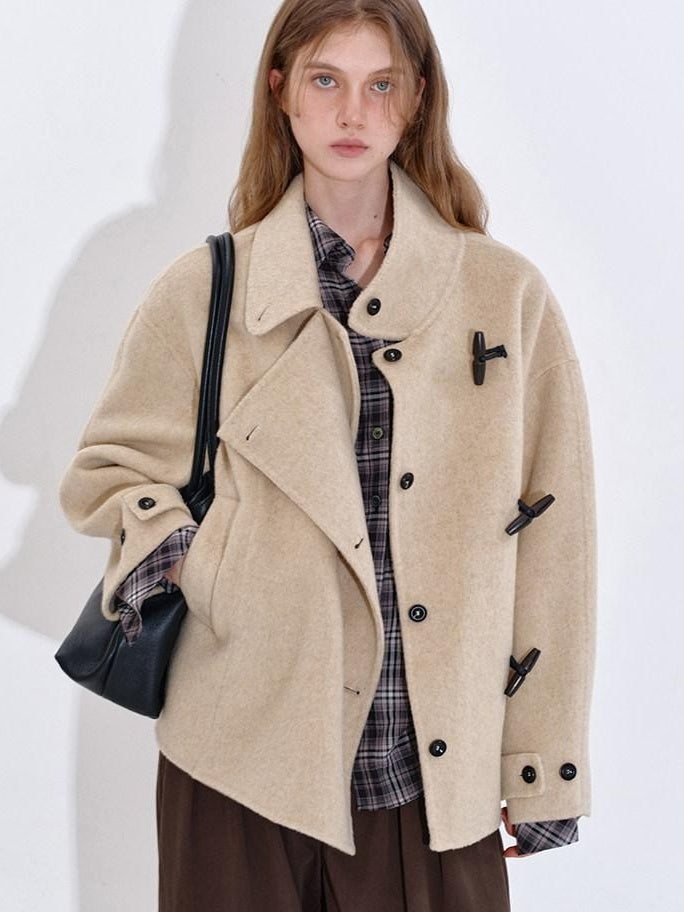fano Wool Blend Korean Commuter Relaxed Fit Notched Collar Light Grey Short Coat