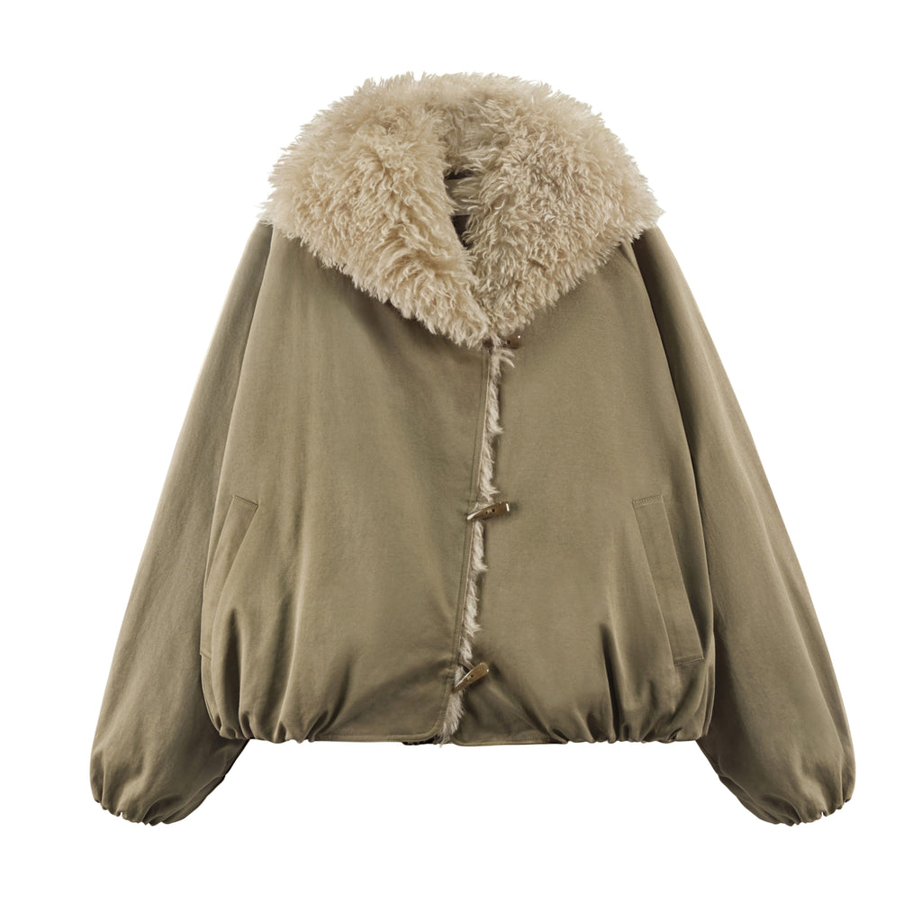 someonesometimes Cozy Commuter Cotton Blend Relaxed Short Collar Gray Brown Olive Puffer Jackets