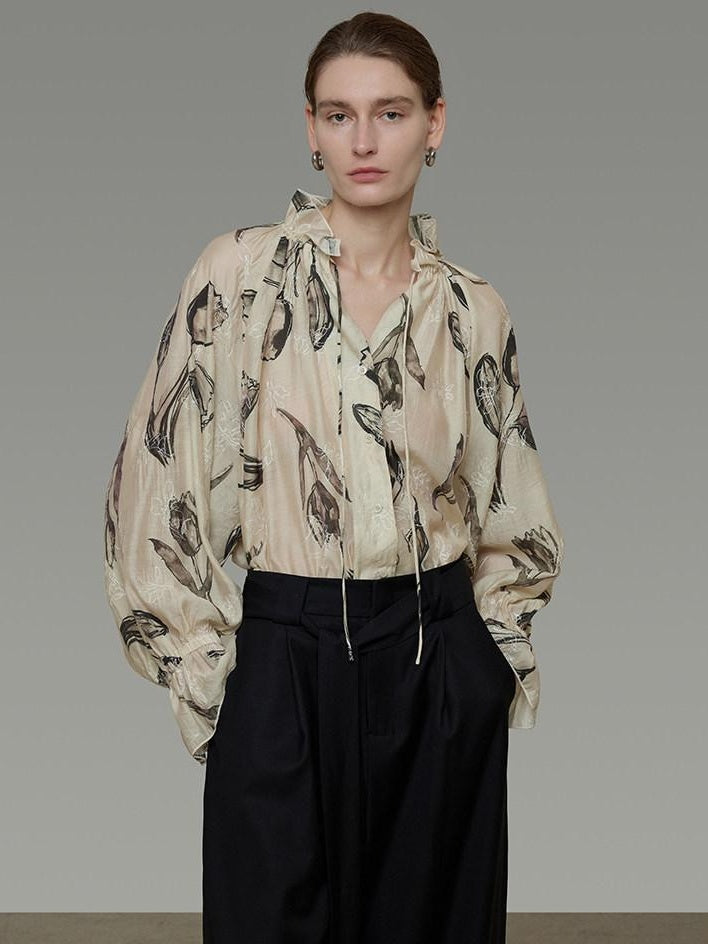 unspoken Breathable Soft Office Loose V-neck Embroidered Floral Viscose Blend Blouses