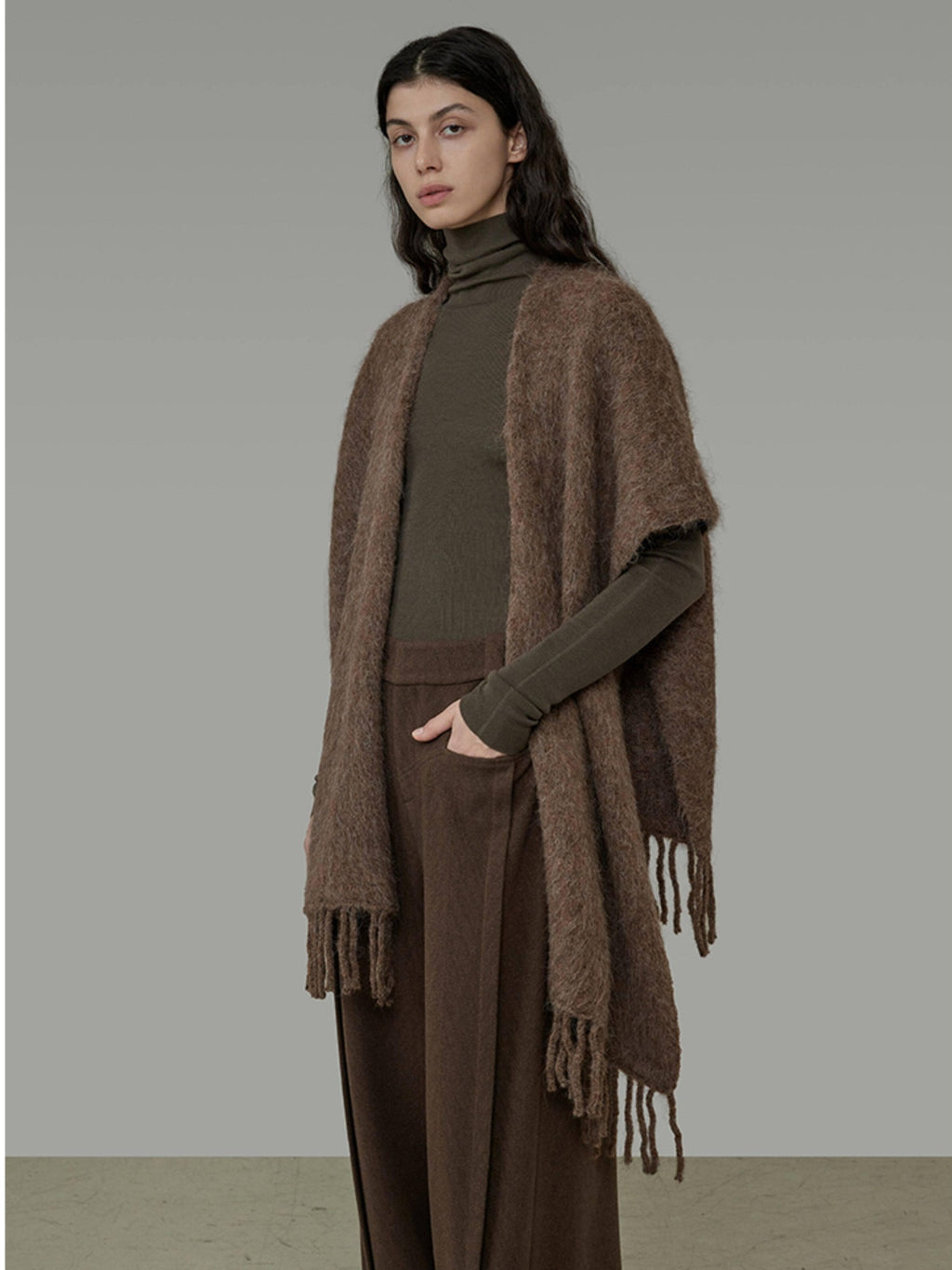unspoken Cozy Warm Acrylic Fringe Shawl Rectangular Solid Brown Women Fashion Scarves