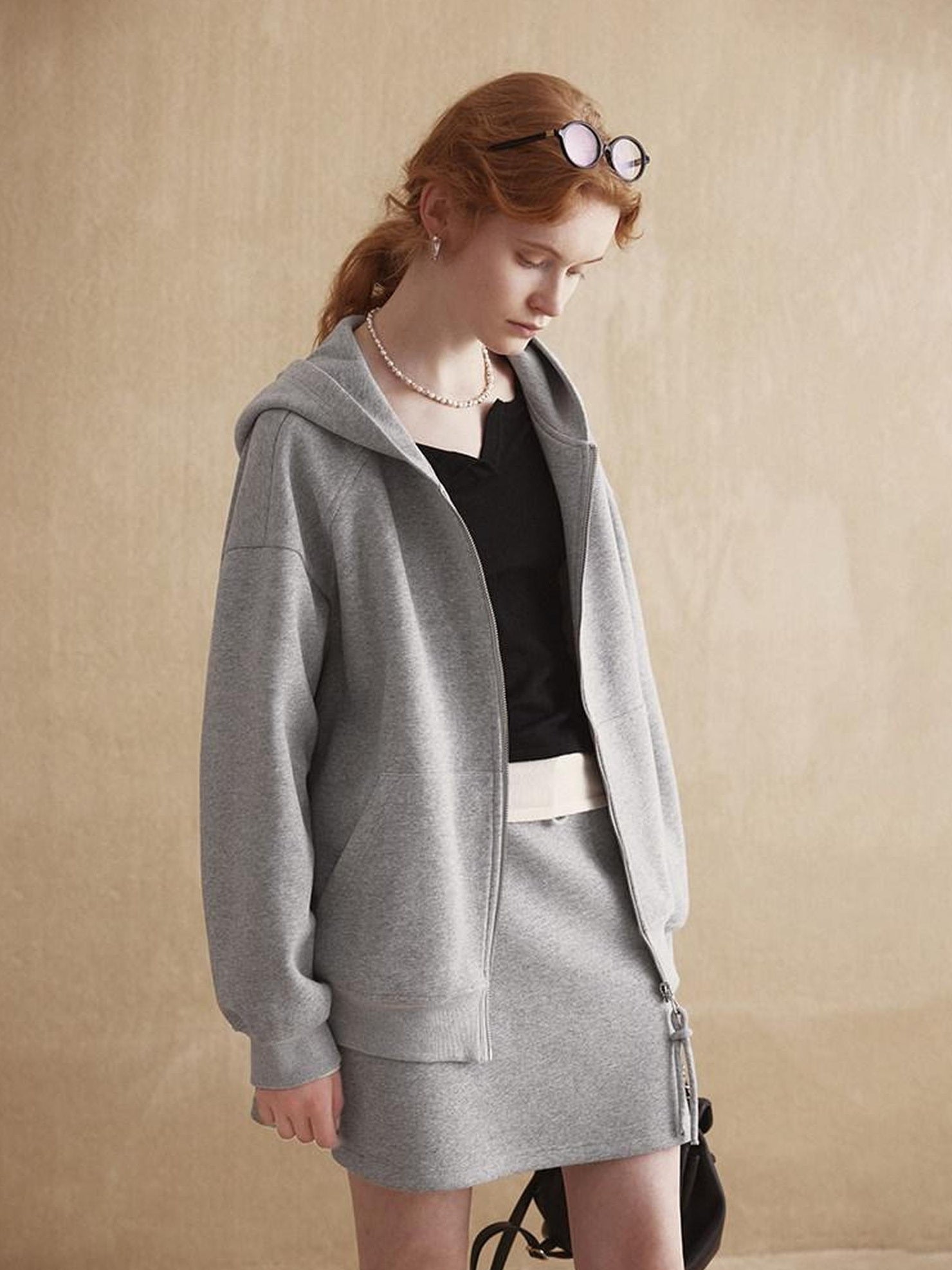 fano Hooded Zip Cotton Blend Loose Fit Minimalist Commuter Gray Top & Skirt Sets
