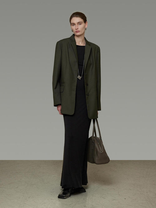 unspoken Breathable Dark Green Loose Lapel Blazer High Waist Casual Top & Skirt Sets