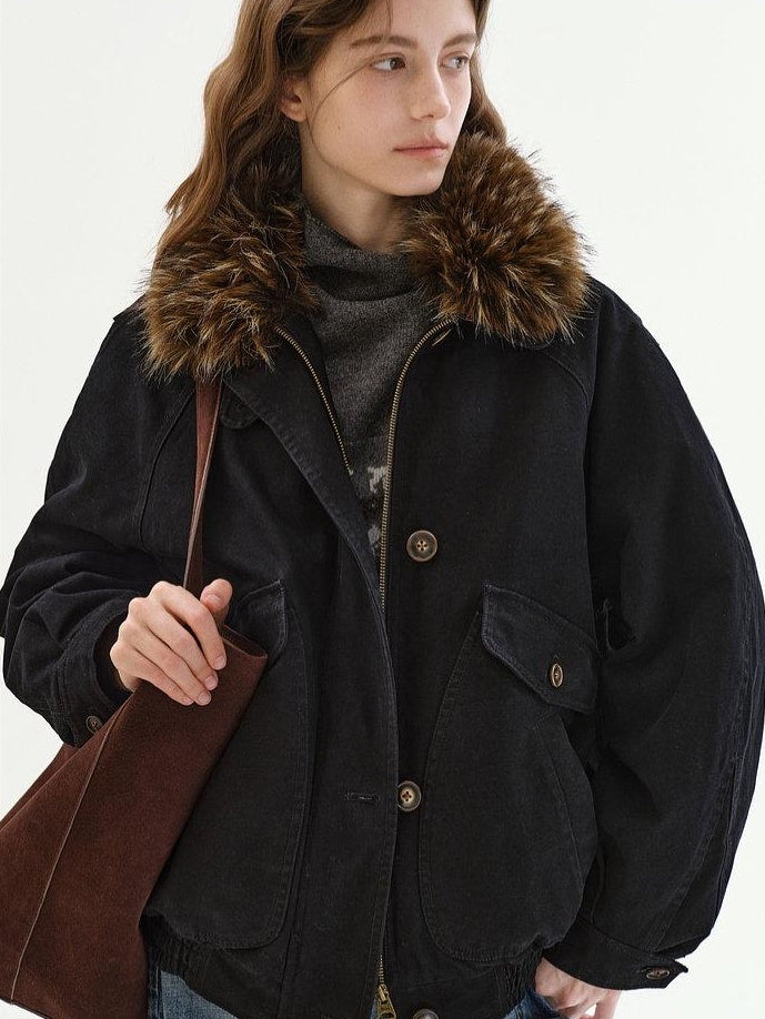 fano Warm 90% White Duck Down Fur Collar Loose High Waist Minimal Black Down Jackets