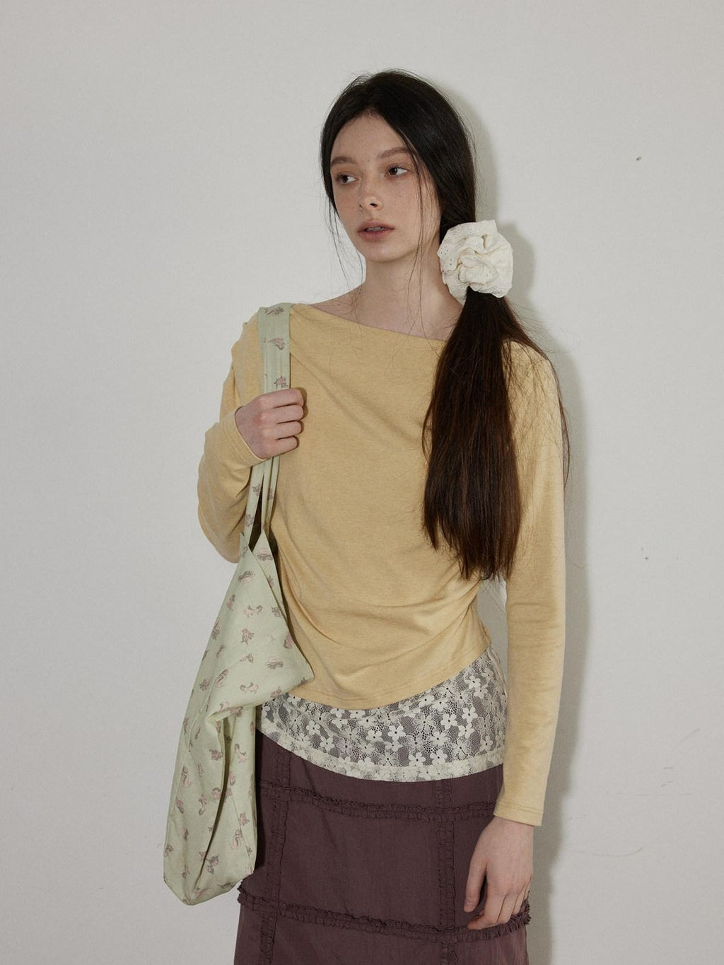 Lofi choose Cream Knit Paneled Relaxed Fit One Shoulder Women Long Sleeve T-Shirts