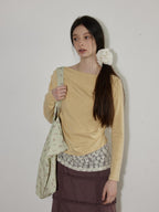 Lofi choose Cream Knit Paneled Relaxed Fit One Shoulder Women Long Sleeve T-Shirts