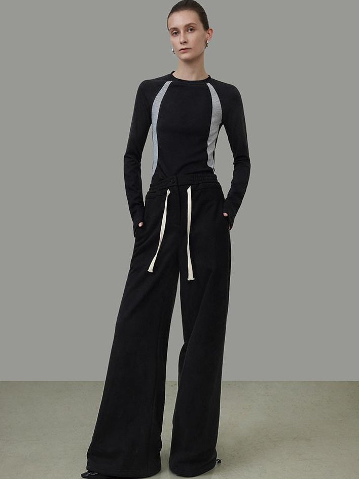 unspoken High Waist Drawstring Pockets Minimalist Workwear For Women Black Wide Leg Pants
